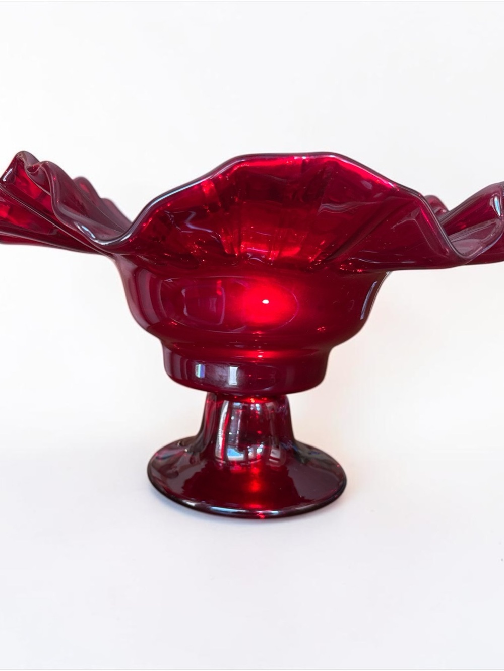 Vintage Fenton Ruby Red Thumbprint Glass Compote Ruffled Candy Dish - Picture 13 of 14